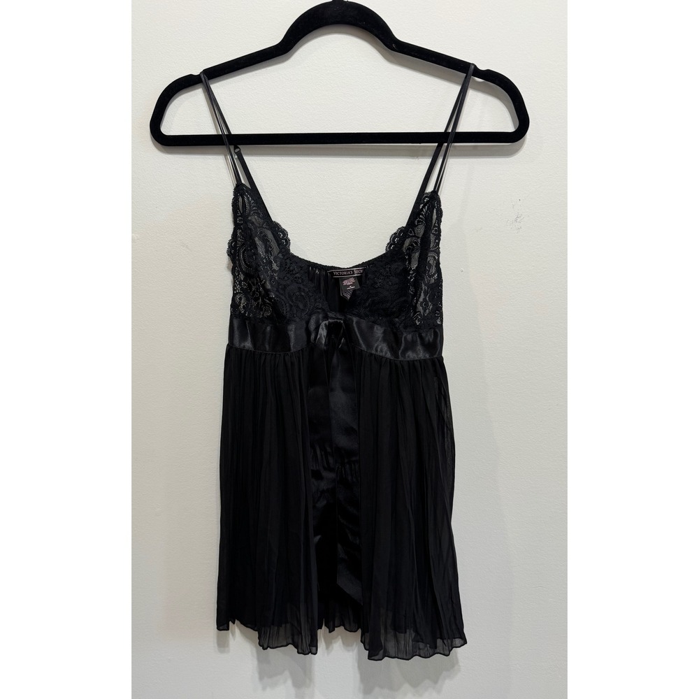 Victorias Secret Black Lace Babydoll Chemise Pleated Sheer Lingerie Medium
